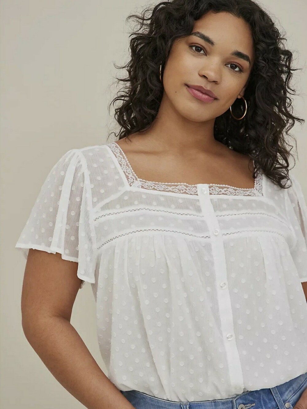 Torrid White Swiss Dot Square-Neck Button Front Blouse with Lace Detail 1